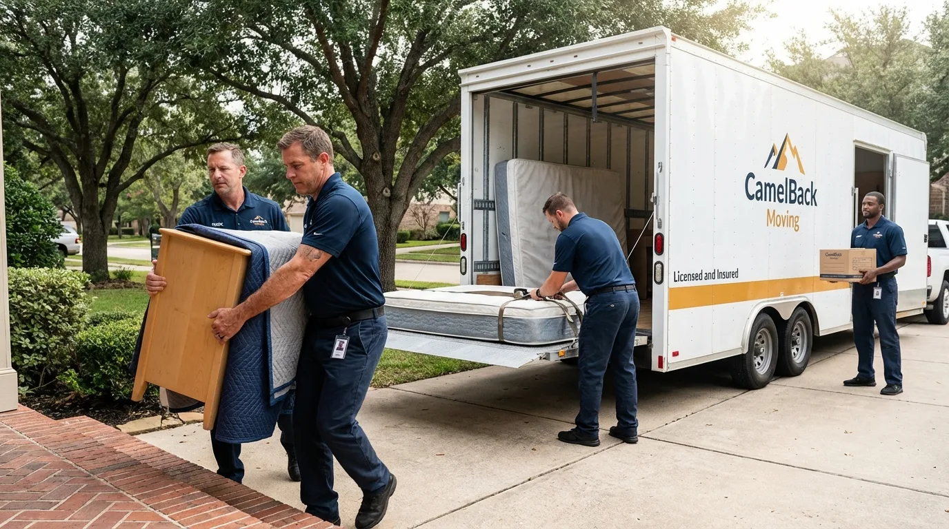 Crew loading residential truck for cross-state move from Santa Fe, NM