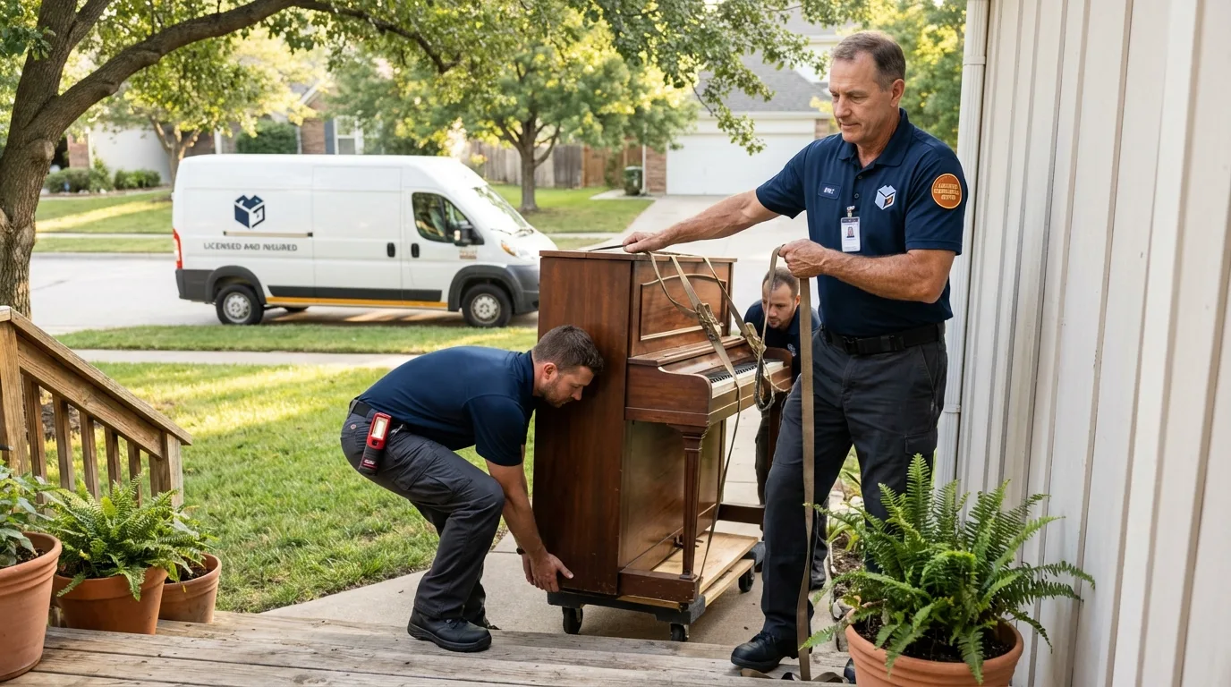 Licensed piano movers securing grand piano in Santa Fe, NM