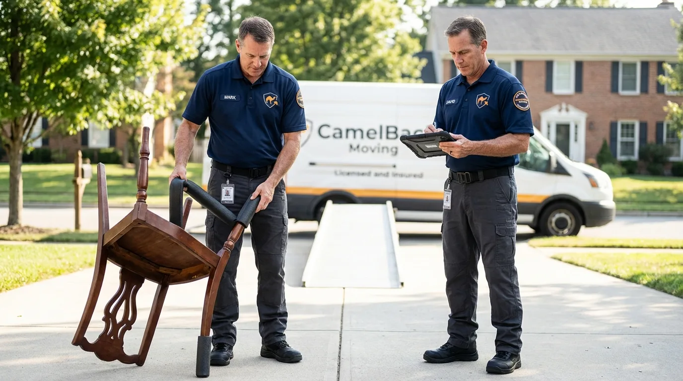 Movers inspecting furniture for damage prevention before loading in Santa Fe, NM