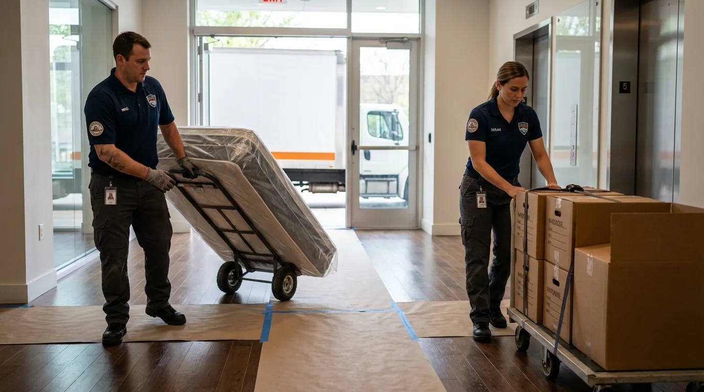 Professional apartment movers loading elevator in Santa Fe, NM