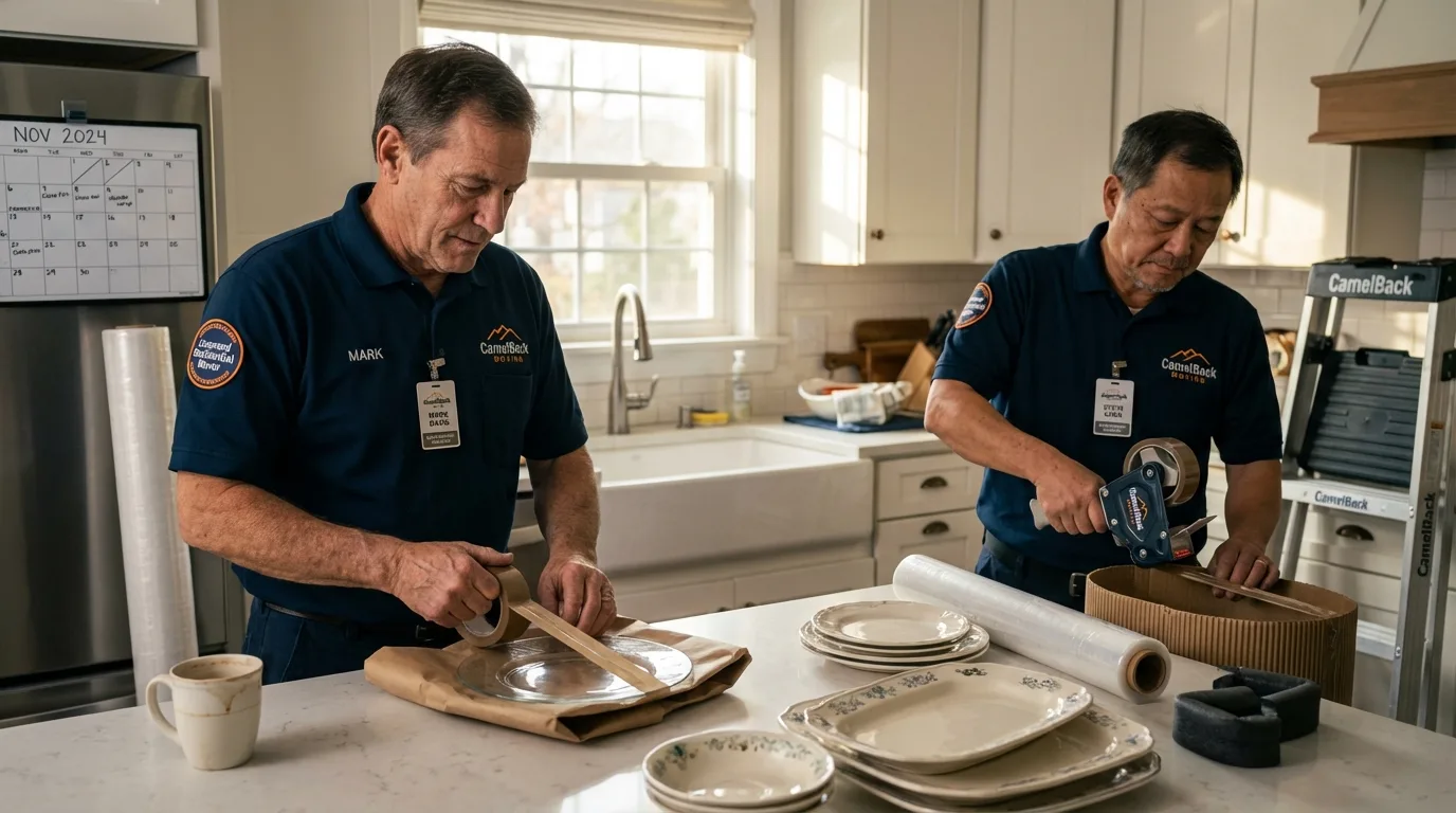 Professional crew packing kitchen dishware in Santa Fe, NM